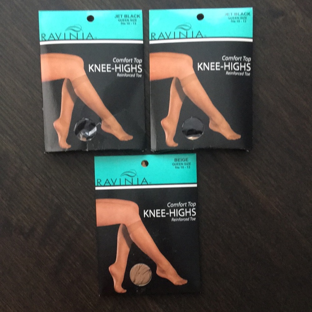 RAVINIA Comfort Top Knee-Highs Reinforced Toe  2 Jet Black and 1 Beige, new